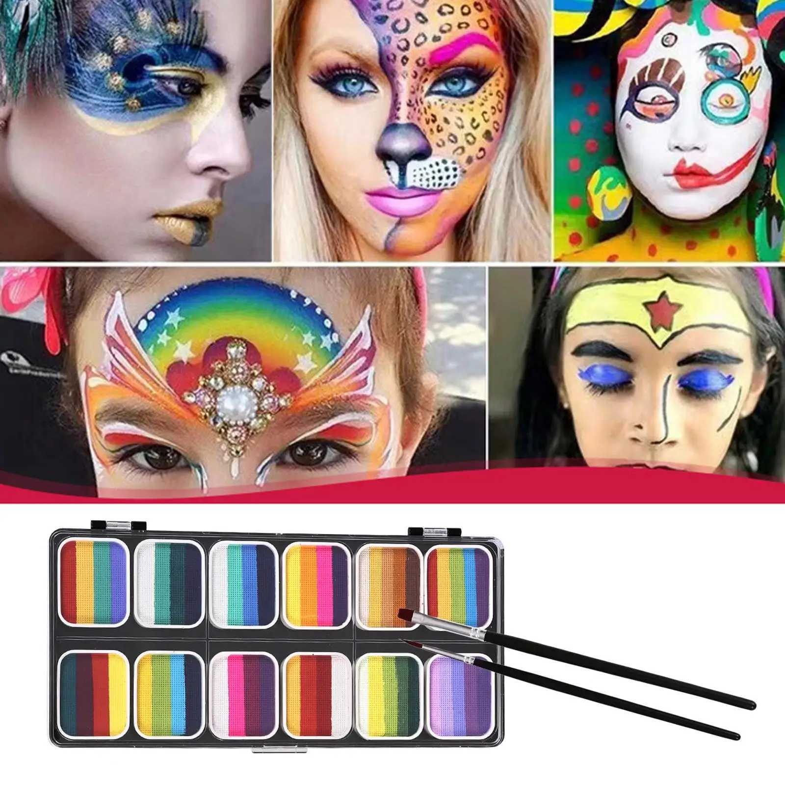 Body Paint Face Paint Palette Make -up Kit 12 Farben für Wasserbasis für Halloween Cosplay Praktisch mit 2 Pinsel Schmackerei Set Buntes D240424