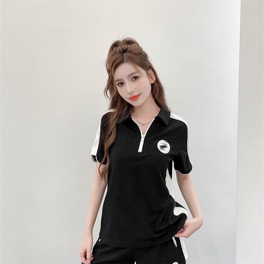 Designer Women's Tracksuits Summer Cotton Loose Casual Suit Color blocking Lapel Zipper Short Sleeve High Waist Shorts