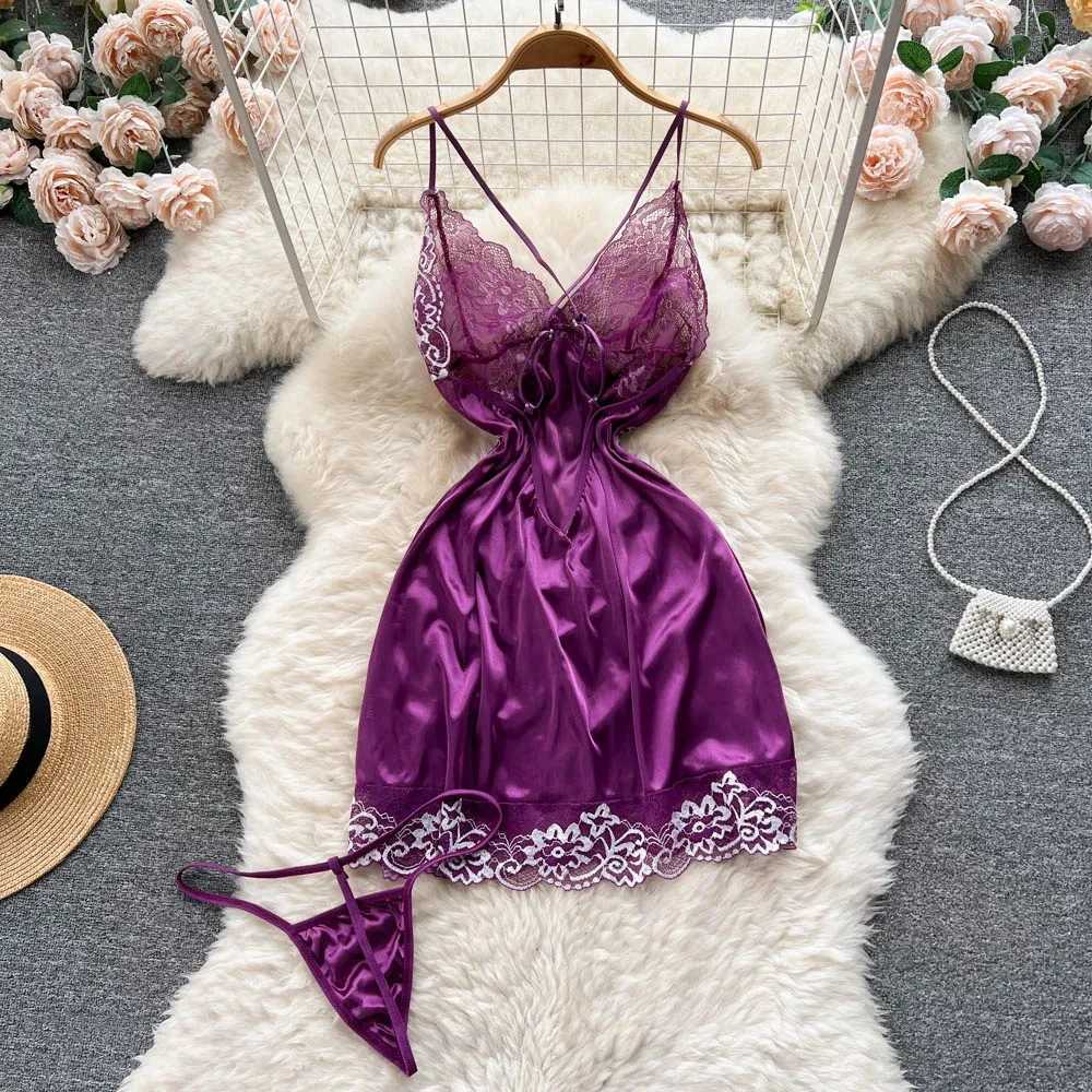 Basic Casual Dresses Sexy Women Night Dress Sleeveless Backless Porno Pajamas Floral Lace Erotic Nightwears+Thongs Satin Short Transparent DressesL2403