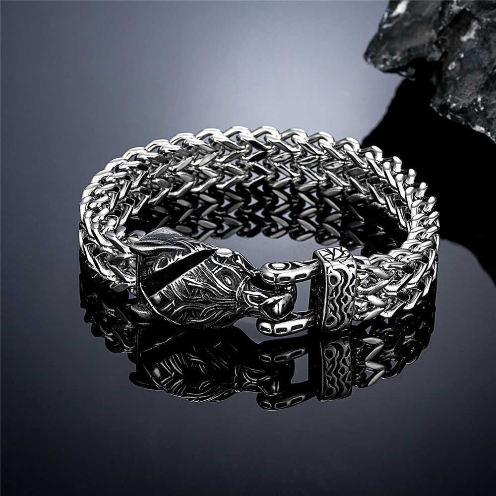 Vikings retrô de miçangas urso Bracelets de lobo nórdicos homens homens punk aço inoxidável cadeia de malha de serpente de serra de bicicleta animal joias islandesas 240423