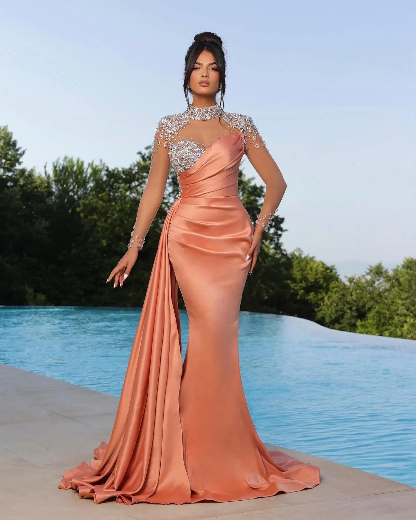 Elegant Peach Purple Black Mermaid Evening Dresses High Neck Sheer Appliques Beads Illusion Long Sleeve Pleats Ruffles Formal Occasion Prom Gowns