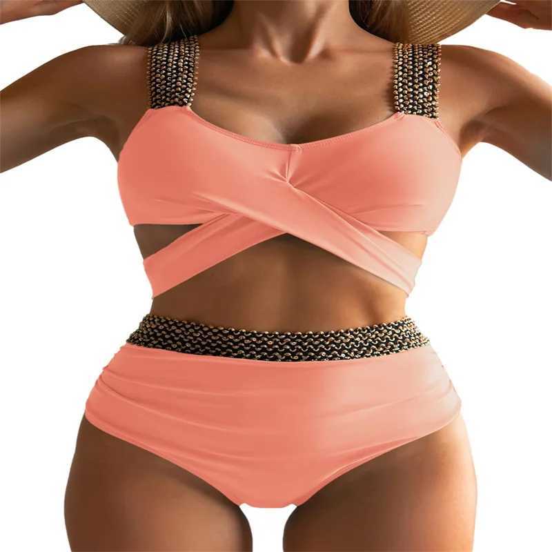 Women's Swimwear Womens Split Two-piece Bikini Solid Color Swimsuit Sexy High Waisted Double Shoulders Beach Vacation Swimwear d240424