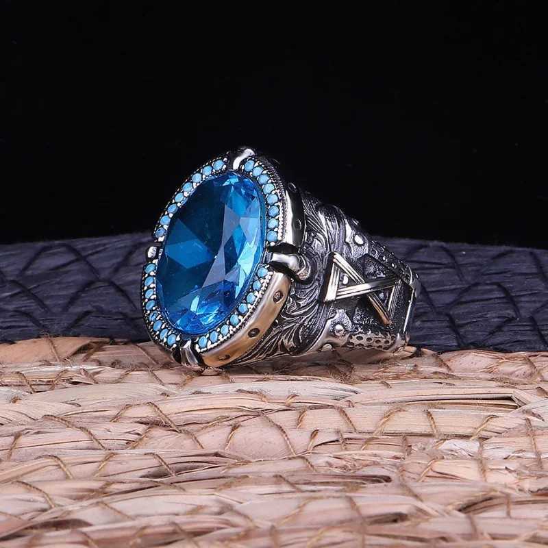 Wedding Rings Retro Handmade Turkish Rings for Men Vintage Metal Carving Pattern Silver Color Inlaid Blue Zircon Punk Ring Muslim Jewelry