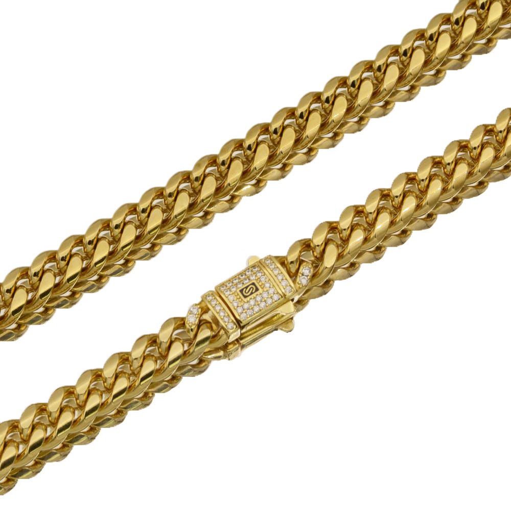 6-14mm Stainless Steel Miami Cuban Chain Zircon Copper Clasp 14K Gold Plated