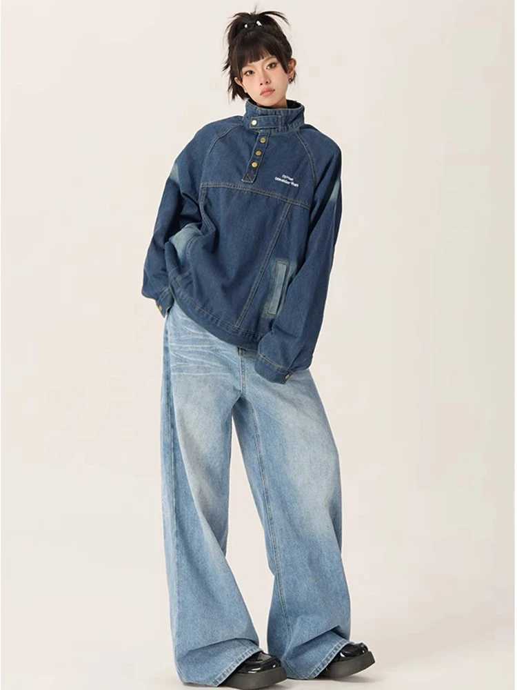 Kvinnors jeans harajuku stil streetwear retro mode kvinnor hög midja jeans lösa breda ben rak löst denim byxor y2k baggy byxor 240423