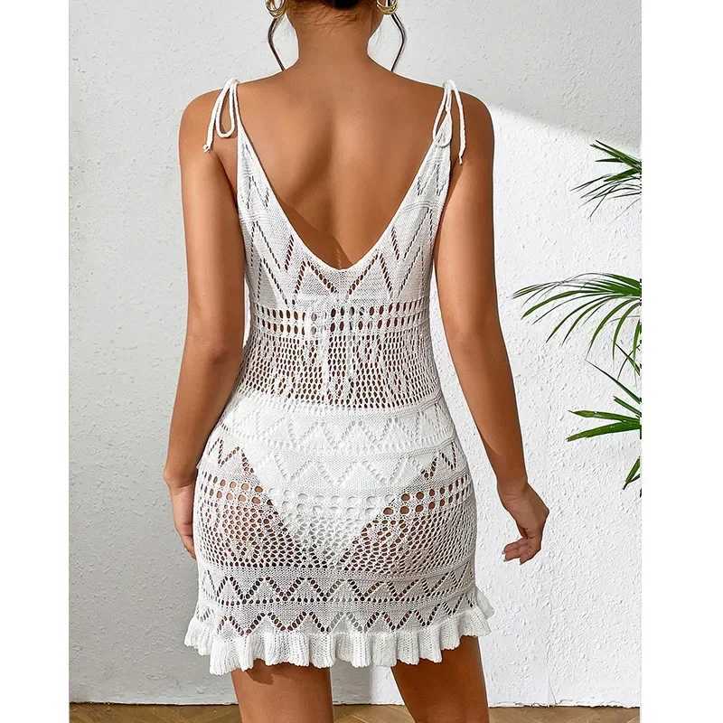 Women's Swimwear Sexy Womens Crochet Beach Dress See-through Beachwear Pareo Swimsuit Woman Bathing Suit White Dress Beach Cover Up Women Holiday d240424