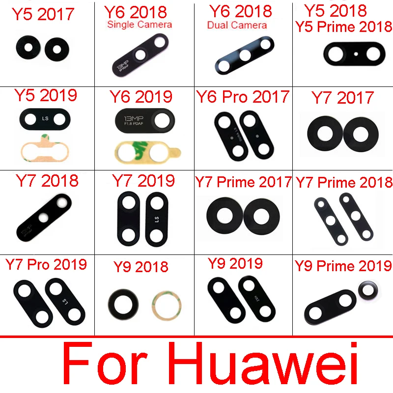 Filtri posteriori posteriori lenti in vetro con adesivi Huawei Y5 Y6 Y7 Y9 Pro Prime 2017 2018 2018 2019 Doppia singola telecamera principale LENS Glass