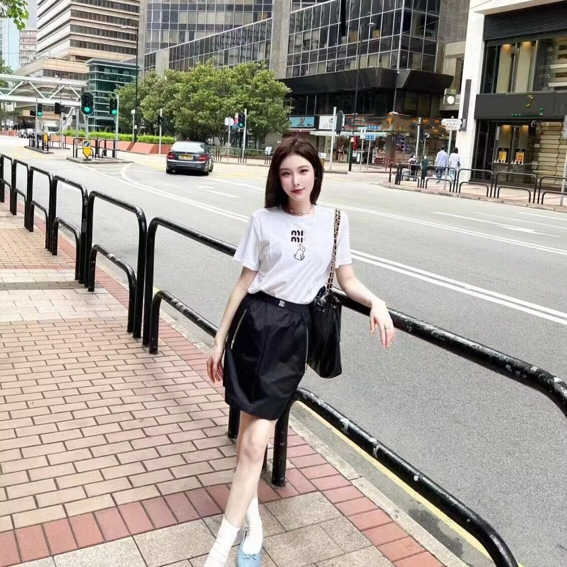 New women elastic waist letter embroidery black color zipper patched a-line short skirt SML