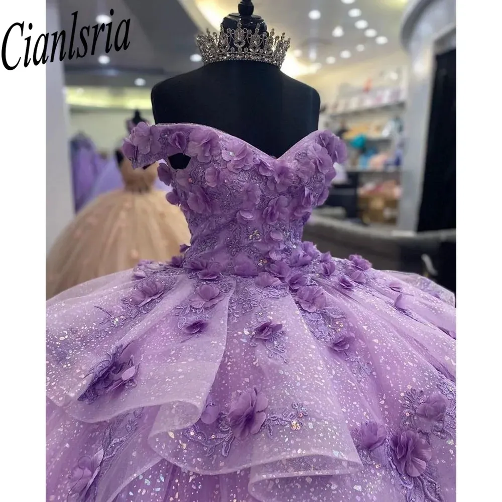 Princesa brilhante lilac quinceanera vestido de bola vestido de bola 2023 doce 16 miçangas lantejas de lantejoulas de borla de borla 15ª festa vestido de festas