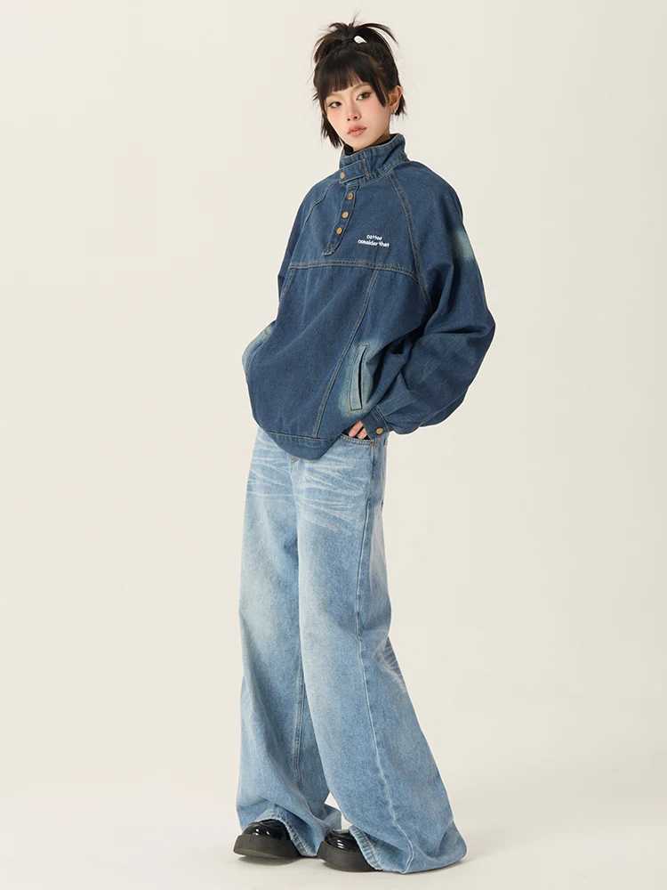 Kvinnors jeans harajuku stil streetwear retro mode kvinnor hög midja jeans lösa breda ben rak löst denim byxor y2k baggy byxor 240423