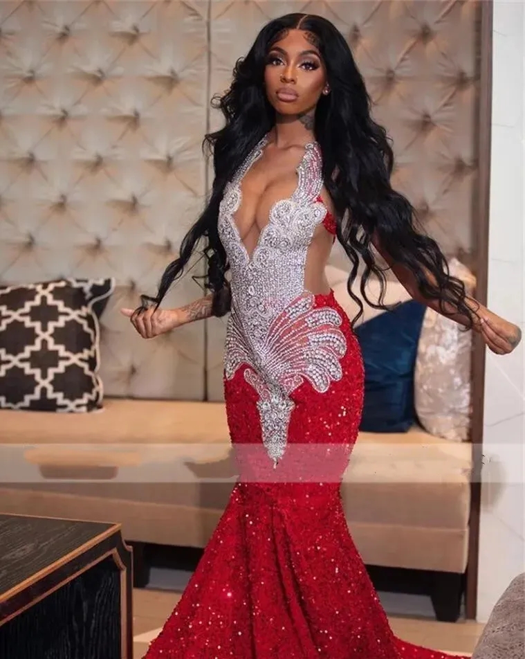Sparkly Red Sequin Mermaid Prom Dresses 2024 Luxury Silver Crystal Beaded Sheer Neck Long Formal Party Evening Gowns for Black Girls