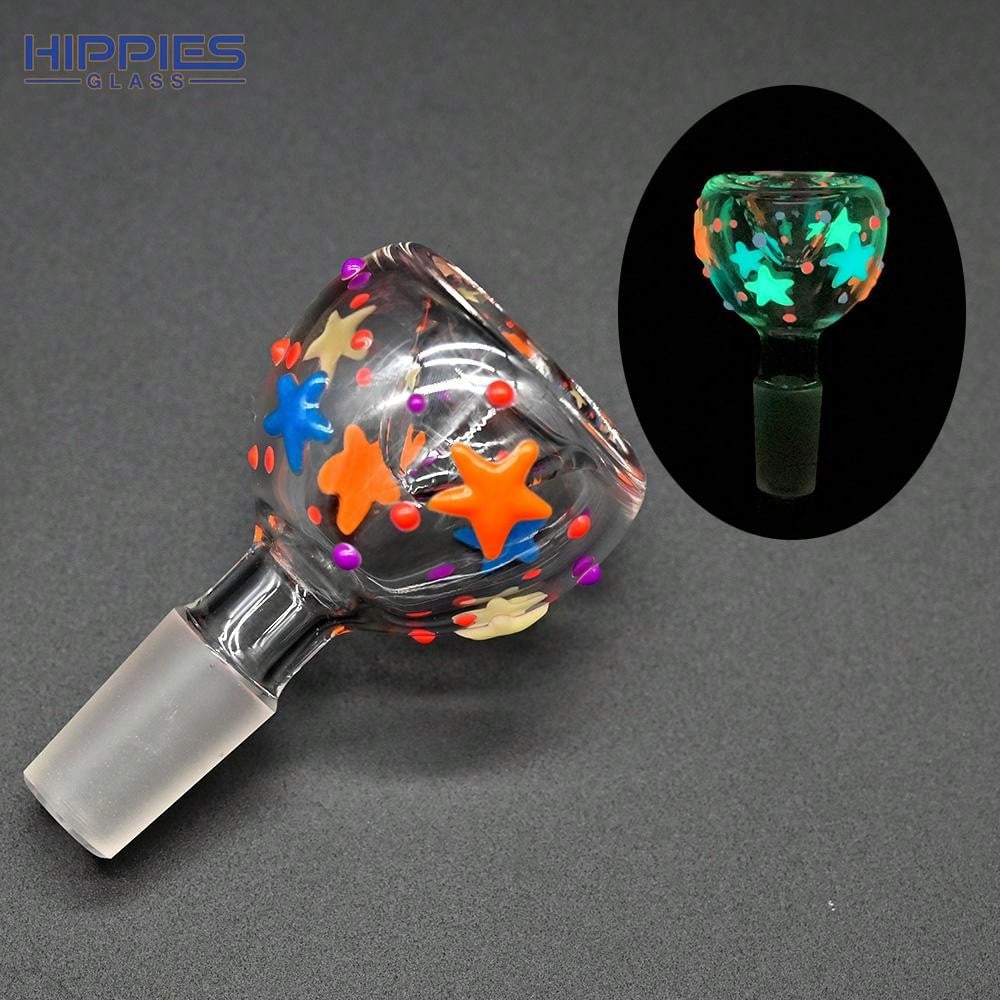 6.5cm/2.5in Borosilicate Glass Pipe Accessories,Luminous Hand Drawn Cute Stars & Moon Pattern,14mm Male Glass Bowl,Smoking Accessories