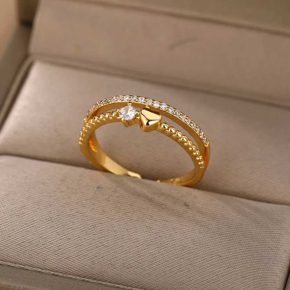 Bröllopsringar dubbelskikt hjärta zirkonringar för kvinnor rostfritt stål kristall finger ring 2023 trend bröllop smycken par gåva anillos