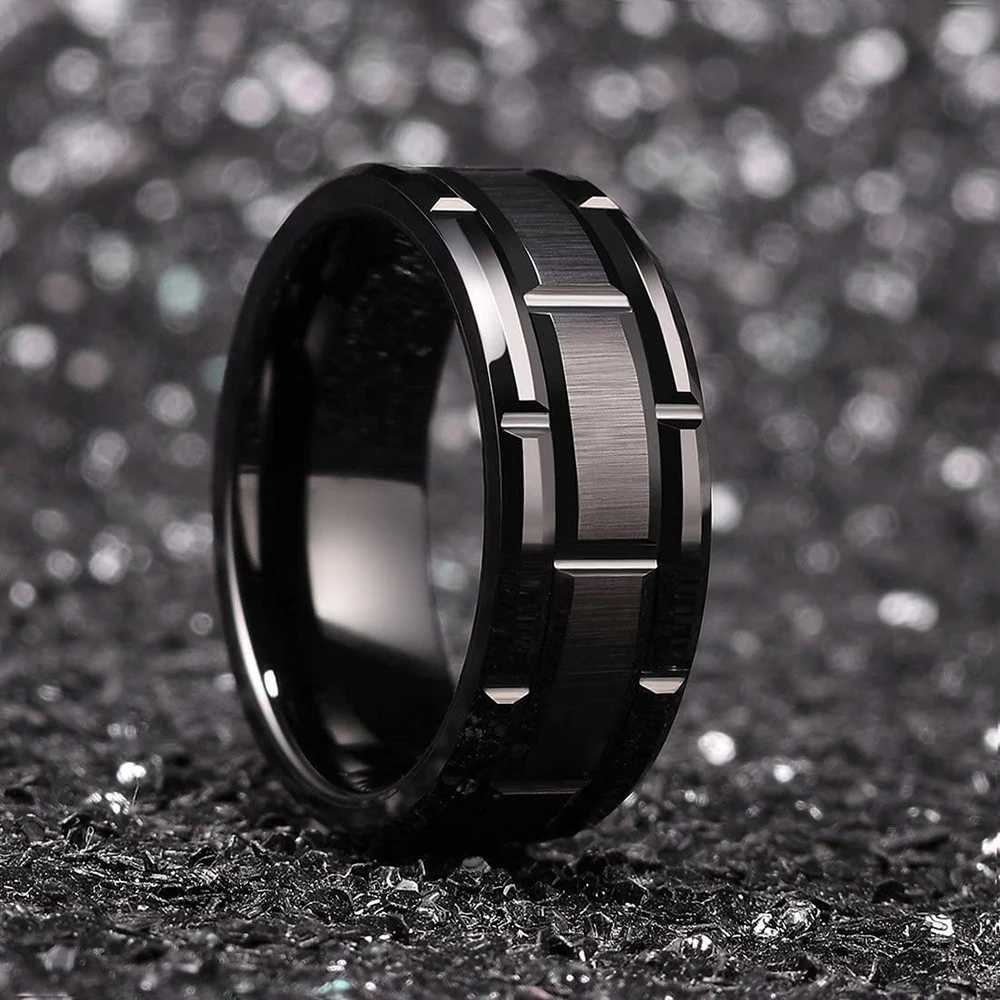 Anneaux de mariage Fashion Mens 8 mm Gold Color Groove Beved Edge Tungsten Mariage en fibre de carbone anneau punk Wheel en acier en acier inoxydable pour hommes