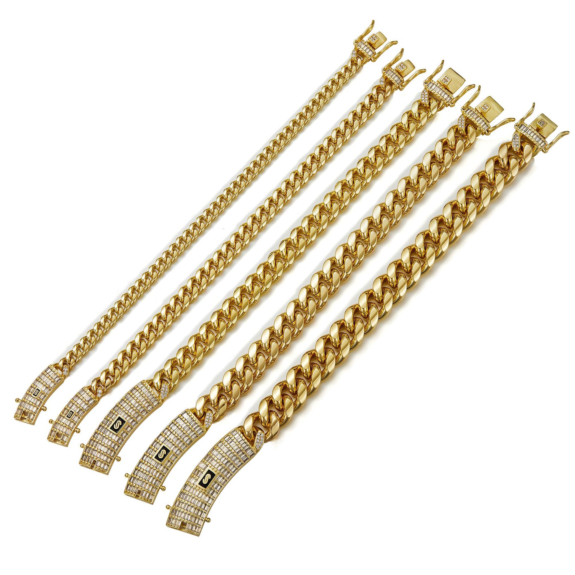 6-14mm Stainless Steel Miami Cuban Chain T Zircon Copper Clasp 14K Gold Plated Accessories