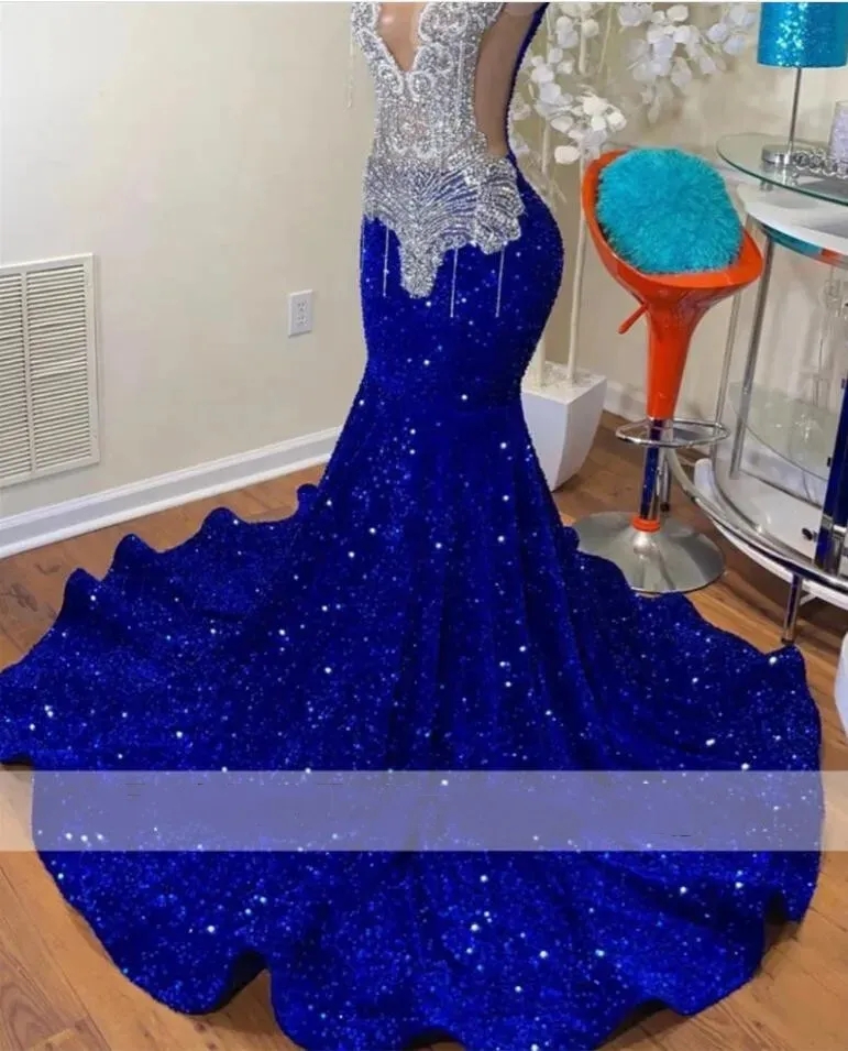 Sparkly Royal Blue Mermaid Prom Dress 2024 Glitter Squins 레이스 얇은 얇은 명주 Gulle Bead Crystal Rhinestones vestidos de fiesta 형식 파티 이브닝 ​​드레스
