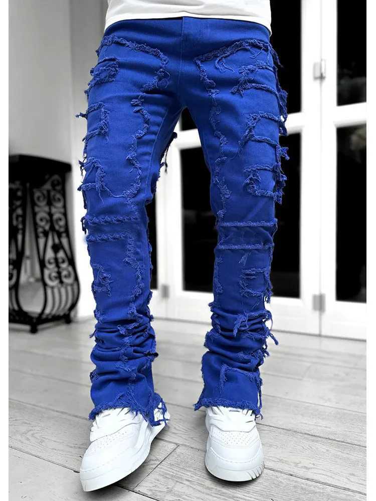 Herren Jeans Herren Casual Distressed Jeans Tassels Patchwork Design Slim Fit Solid Color Stretch Jeanshose gerade Bein Streetwear Hosen 240423