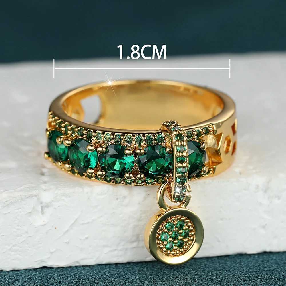 Wedding Rings Antique Green Stone Dangle Pendant Ring Gold Color Zircon Round Rings For Women Dainty Wedding Bands Valentine Day Jewelry Gifts