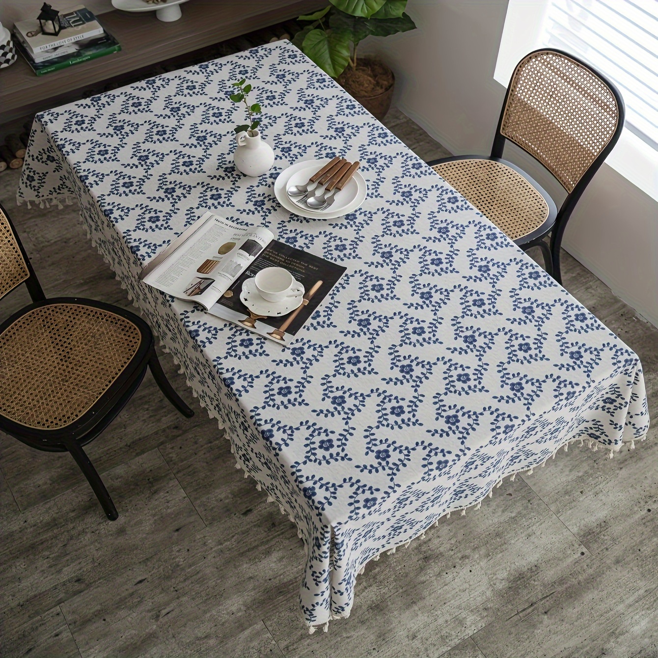 Bohemian Floral Printed Vintage Blue Tracloth, rektangelform, lämplig för festrestaurangkök café varje säsong dekorativt bordsskydd