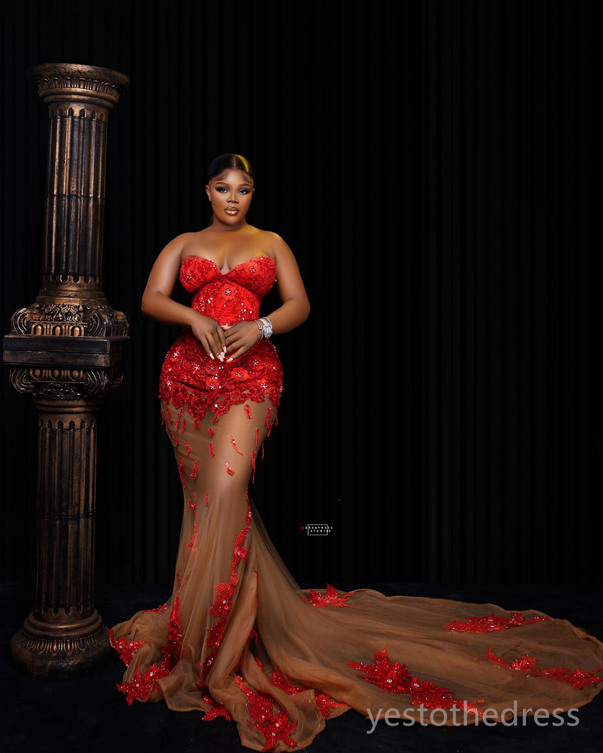 2024 Plus Size Red Prom Dresses for Special Occasions Promdress Evening Dresses Illusion Mermaid Appliqued Beaded Lace Birthday Party Dress Reception Gowns AM763