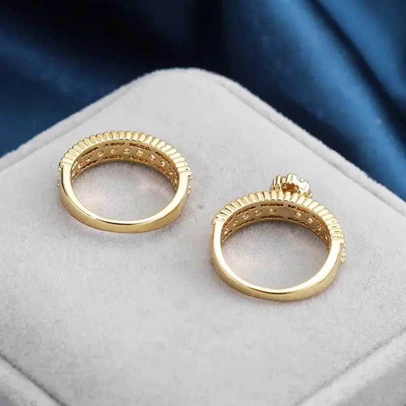 Wedding Rings Trendy Golden Color Bridal Ring Sets vrouwelijke huwelijksceremonie accessoires met heldere zirkonia mode luxe sieraden