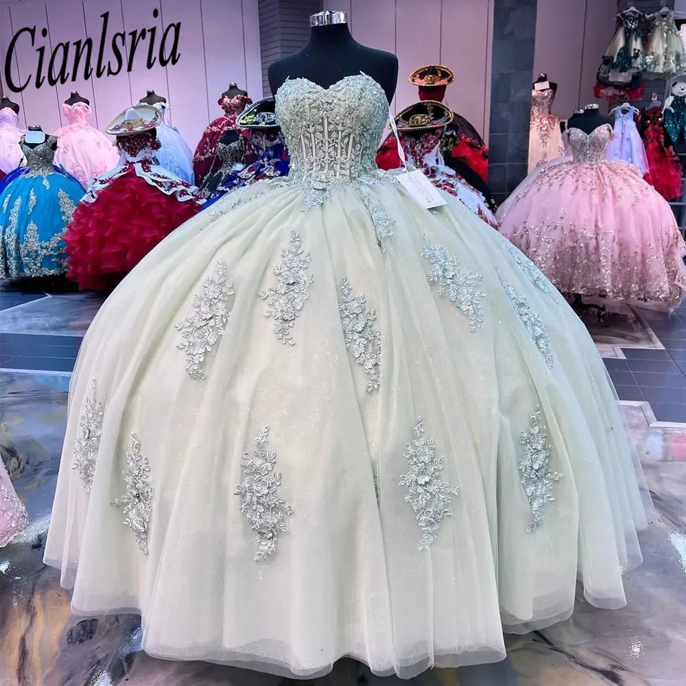 Mint Green 3D Flowers Ball Gown Quinceanera Dresses Sweetheart Floral Appliques Beads Corset For Sweet 15 Girls Party