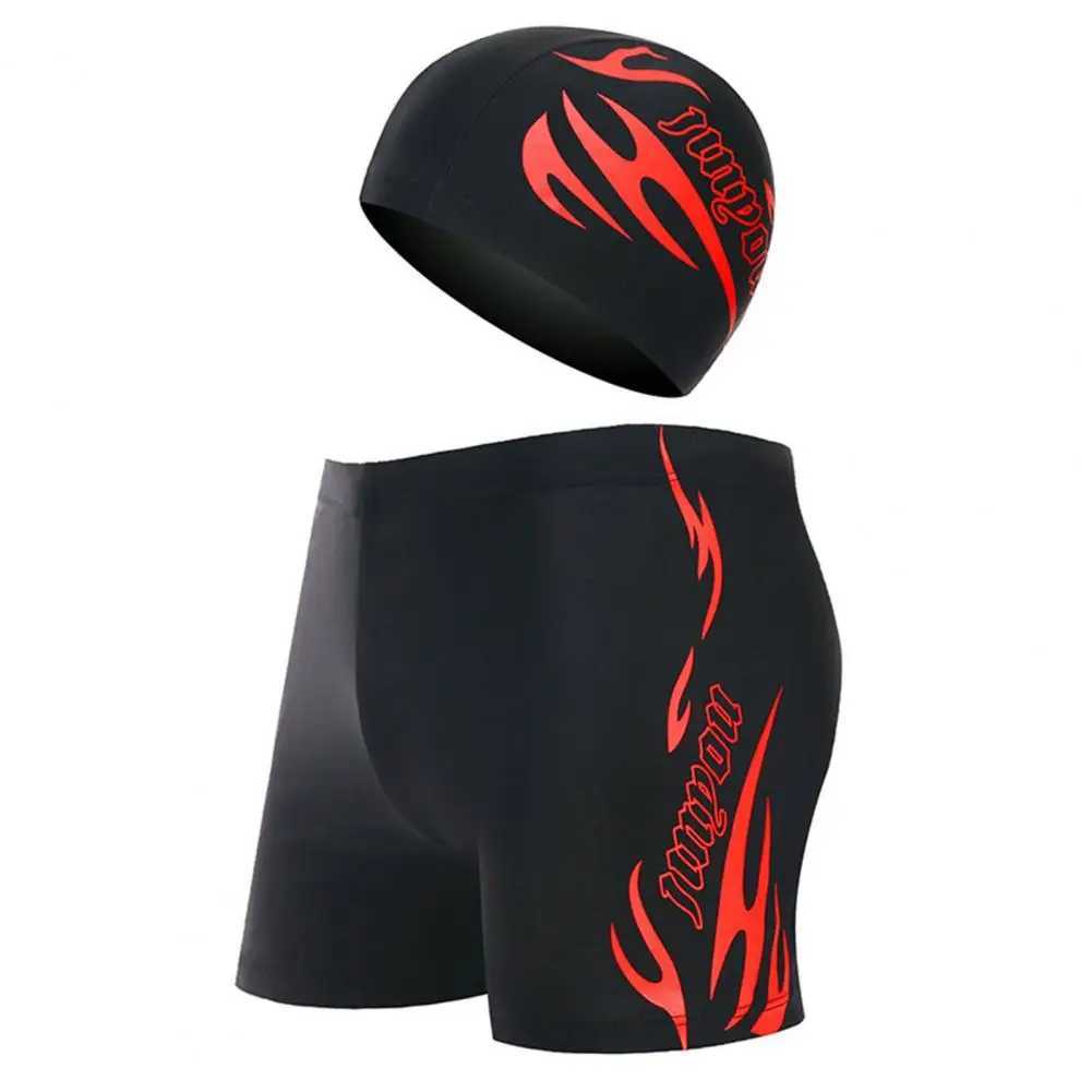 Menina de banho masculina Swimming Turnks Men shorts secos rápidos Conjunto de natação elástico respirável Grande boné de natação para férias D240424