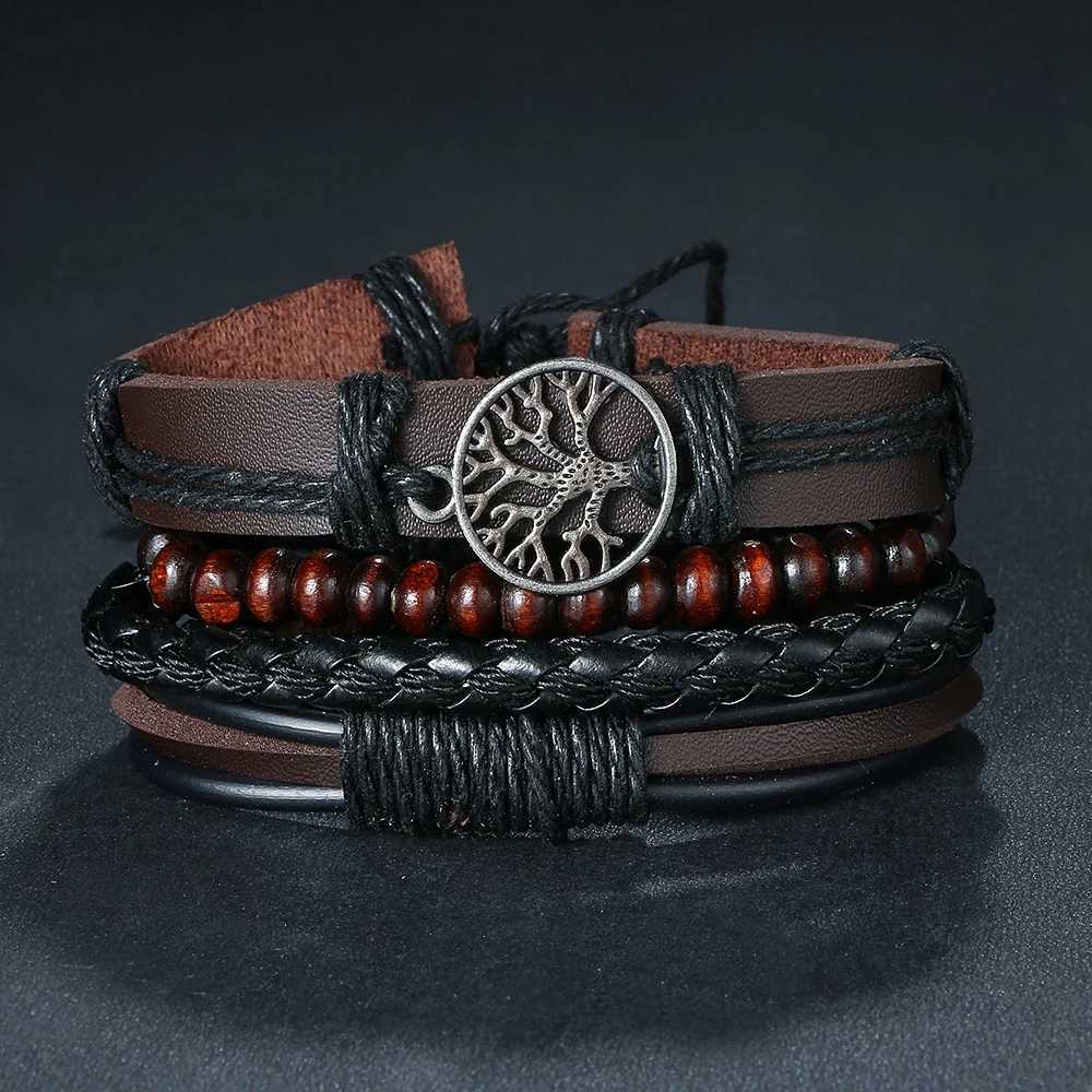 Tonad ifmia 3/ 4st/ set flätad wrap läderarmband för män vintage livsträd roder charm trä pärlor etniska stam armband 240423