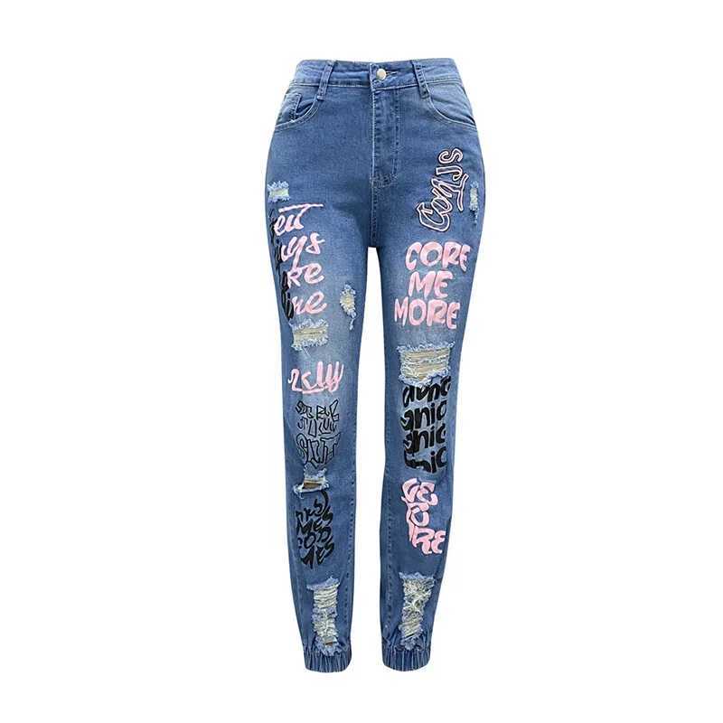 Frauen Jeans Mode Alphabet Print Stretch Bein Bleistift Jeans Frauen Trend gebrochene Löcher Denimhose Frauen schlanker mittlerer Taille Knopf Chic Hosen 240423