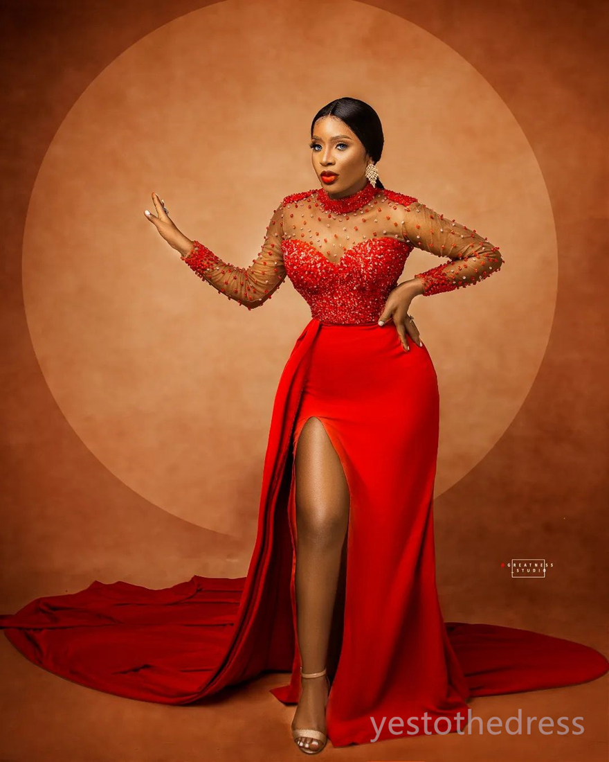 2024 Plus Size Aso Ebi Prom Dresses for Black Women Promdress High Neck Illusion Long Sleeves Side Split Beaded Birthday Party Dress Second Reception Gowns AM761