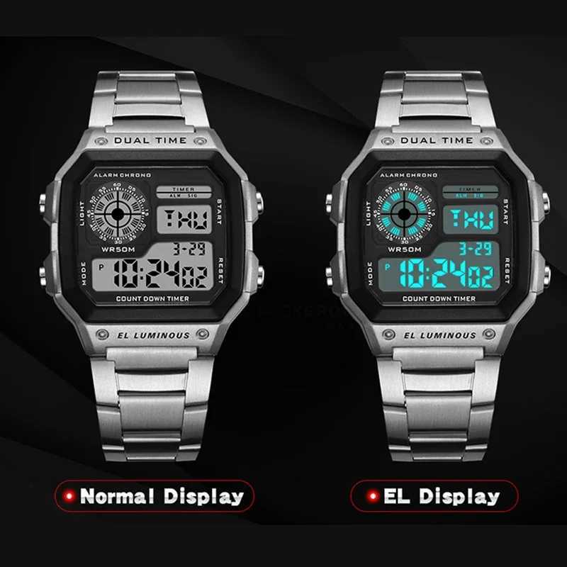 Wristwatches YIKAZE Digital Watch Mens Watch Stainless Steel Strap Countdown Sport Watches Waterproof Led Electronic Wristwatch for Men Gift 240423