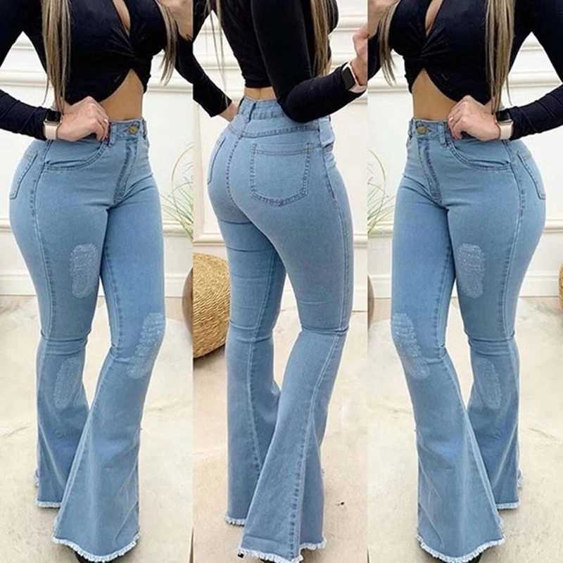 Kvinnors jeans kvinnor hög midja denim jeans solid lysande flare byxor damer mager full längd jean s-3xl 240423