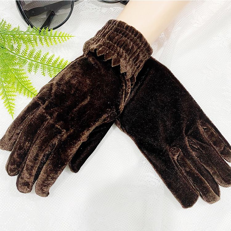 Gold Velvet Five Fingers Gloves Elastic Full Finger Gloves Soft Solid Thermal Mittens Elegant Women Etiquette Cycling Hand Warmer Gloves