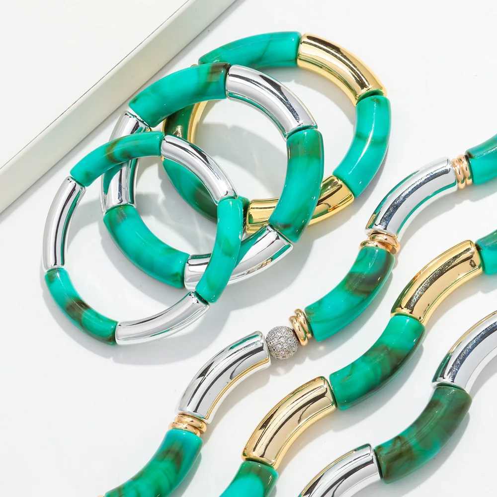 Beaded 2024 Turquoise Bamboo Tube Acrylic Stackable Necklaces Bracelet Women New Resin Chunky Elbow Beaded Bangle Trend Jewelry Collier 240423