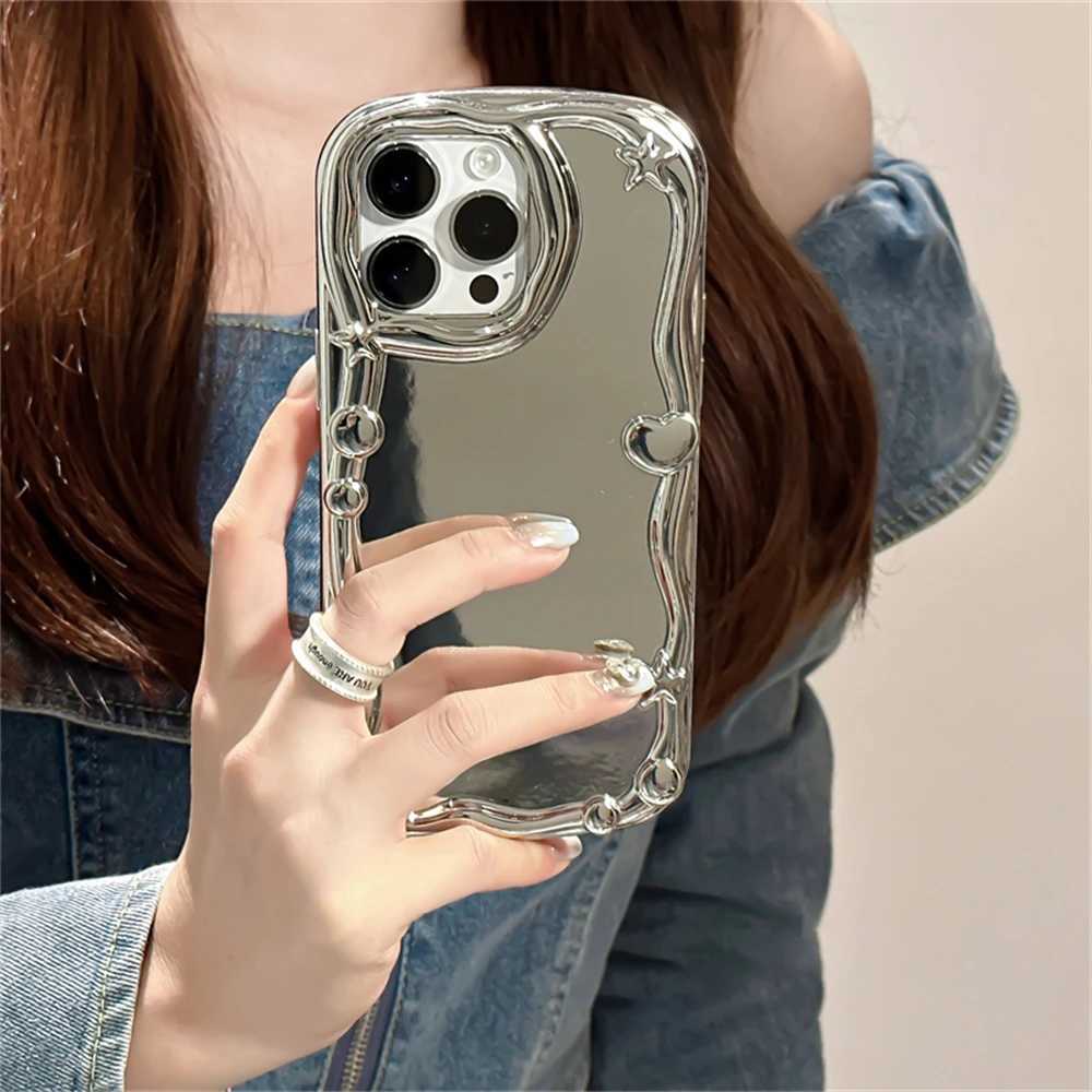 Case di telefonia cellulare Ins Luxury 3D Love Heart Star Ring Holder Custodia telefono iPhone 11 15 Pro Max 14 Pro 13 12 Copertina di silicone morbido con bordo argento D240424