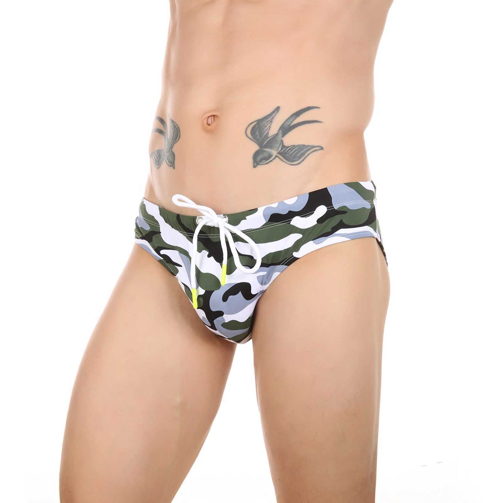 Heren zwemkleding heren zwembroeken penis pouch cup badkleding bikini sexy camouflage zwempak push up pad shorts strand surf slijtage d240424