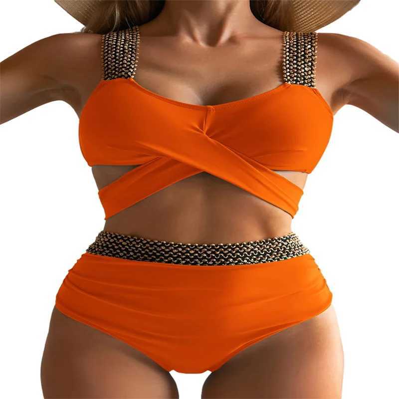 Women's Swimwear Womens Split Two-piece Bikini Solid Color Swimsuit Sexy High Waisted Double Shoulders Beach Vacation Swimwear d240424