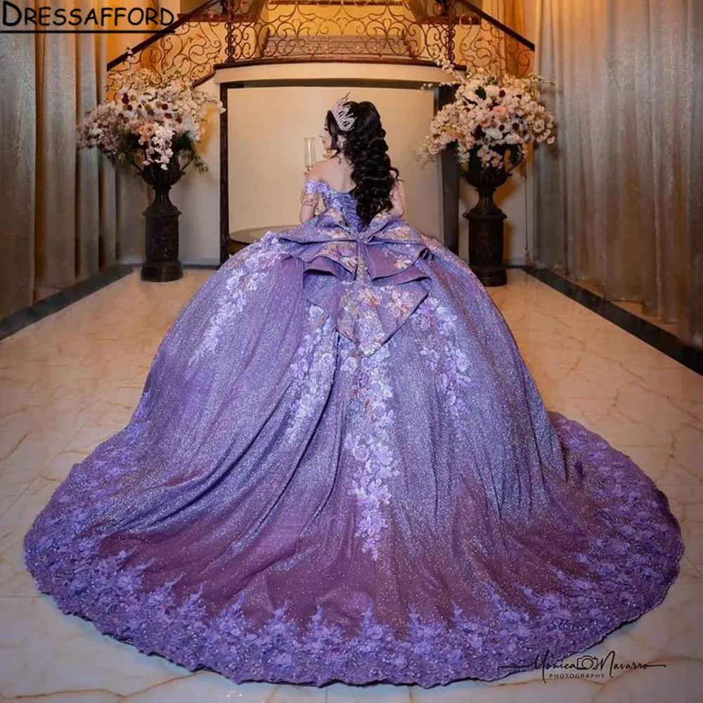 Purple Quinceanera Dresses Off Shoulder Blush Pink Sequined Lace Appliques Crystal Beads Sequins Ball Gown Tulle Guest Dress Evening Prom Gowns Corset Back