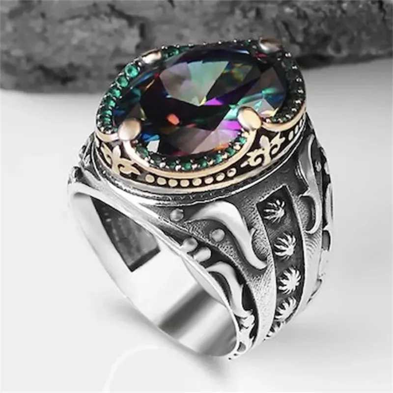 Wedding Rings Vintage Handmade Turkish Signet Ring for Men Trendy Silver Color Carving Pattern Inlay Multicolour Zircon Punk Motor Biker Ring