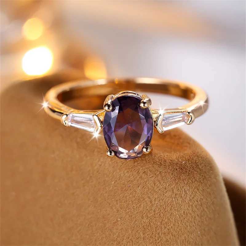 Anelli di nozze fascino anelli di pietra viola ovali donne Minimalist Gold Color Zircon Candano nuziali che impilano i regali di gioielli ad anello dito di fidanzamento