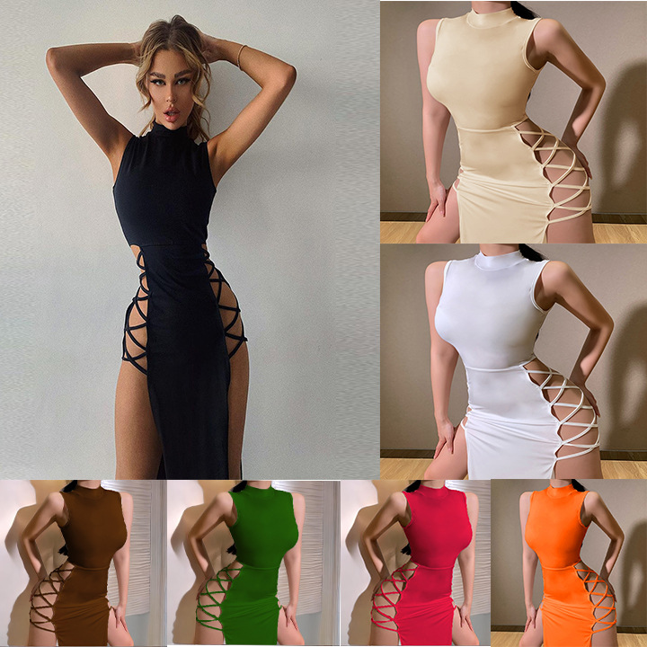 Designer estate sexy galza spugnola con cammino split abito da spiaggia senza maniche bendage casual serate da donna abiti da donna bodycon women urban sexy abiti