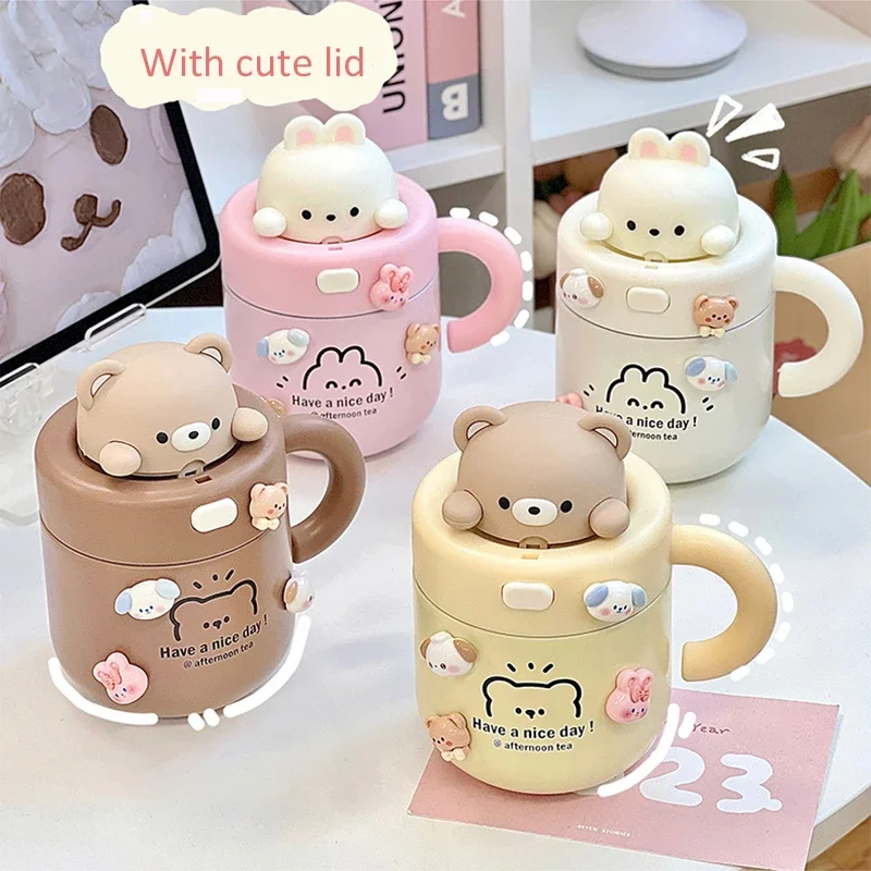 Kawaii Bear Coffee Thermal Cup For Hot Cold Drinks Water Tea Milk Thermos Mug Stainless Steel Cup With Straw Lid Portable Bottle 0424