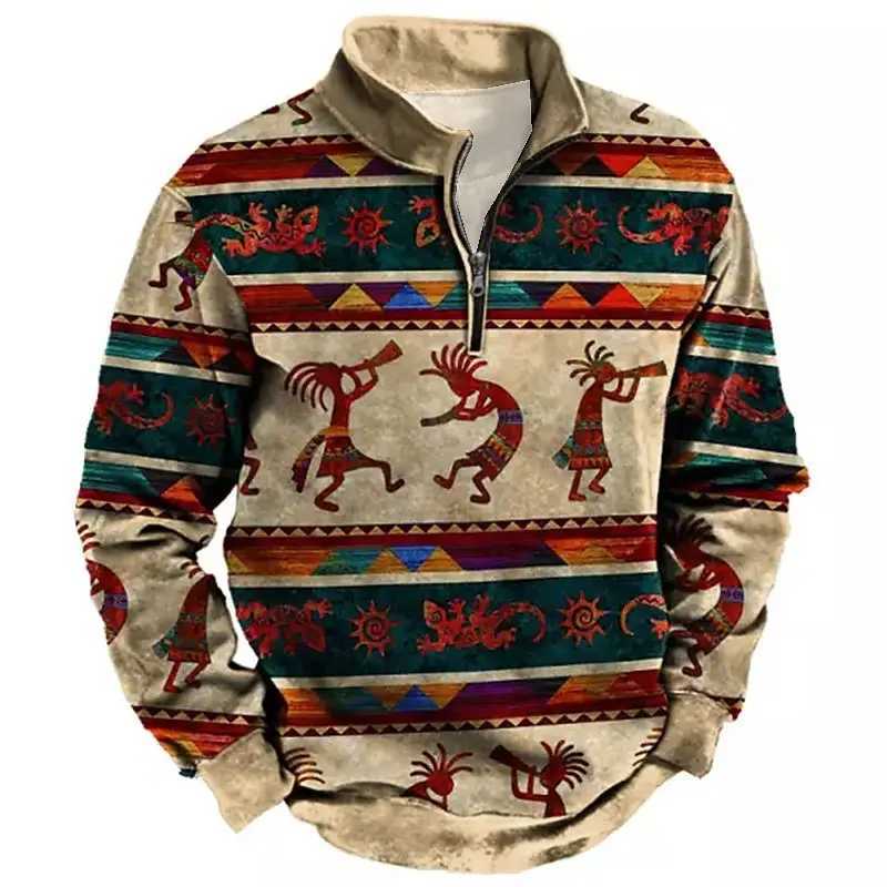 Sweats à capuche pour hommes Sweatshirts de Nouvel An Sweat à capuche vintage pour hommes ethnique Totem Zip 3D Privil y2k Pull Sweat à manches longues Automne Vêtements surdimensionnés 240424