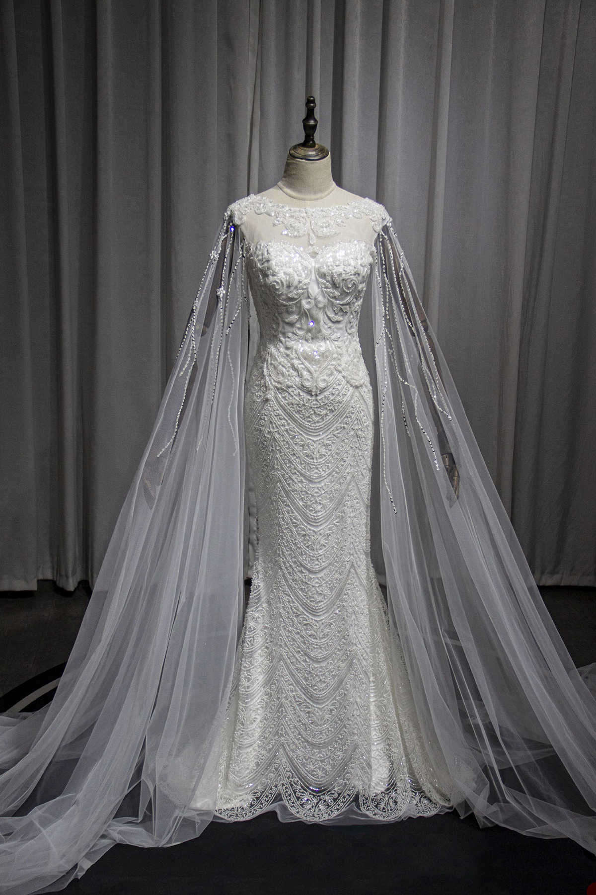 Luxueuze trouwjurken pailletten beadelende zeemeermin bruidsjurken met cape pearl pure nek op maat gemaakte bruid jurk Vestidos de novia