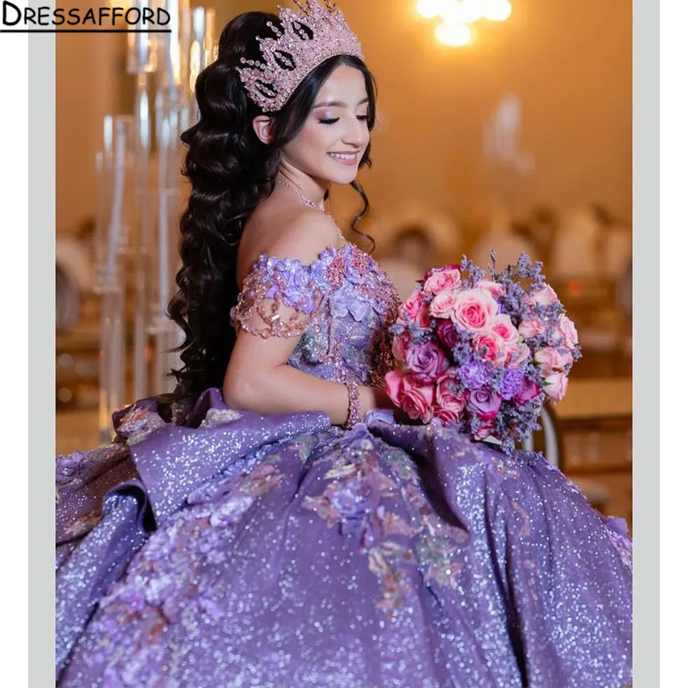 Purple Quinceanera Dresses Off Shoulder Blush Pink Sequined Lace Appliques Crystal Beads Sequins Ball Gown Tulle Guest Dress Evening Prom Gowns Corset Back