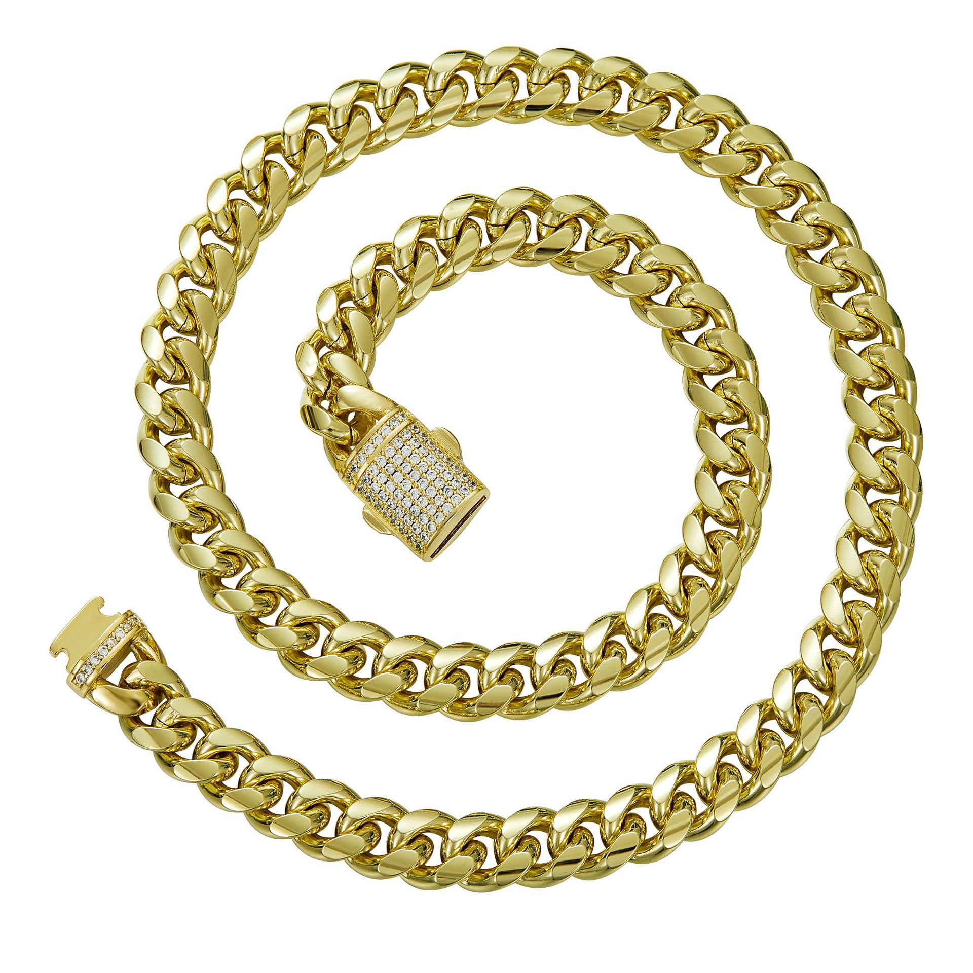 6-14mm Stainless Steel Miami Cuban Chain Necklace Bracelet 14K Gold Plated