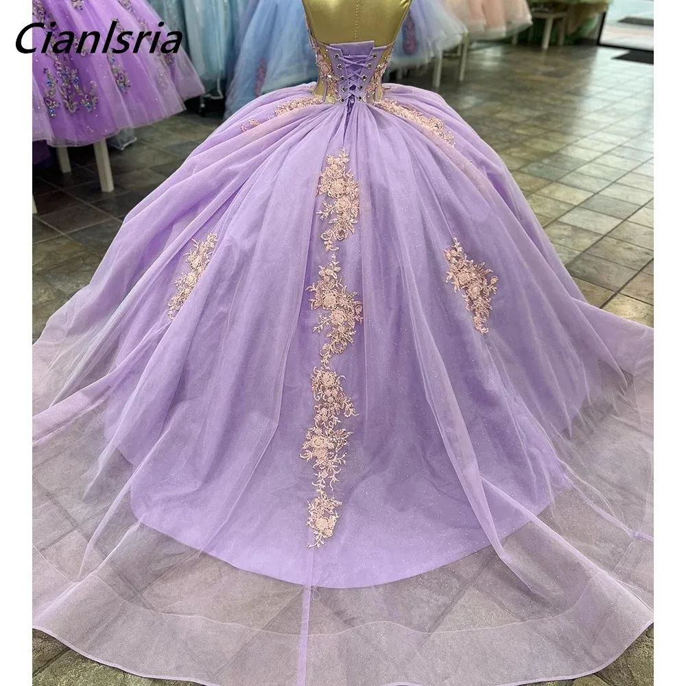 Lila Illusion Perlenkristall Quinceanera Kleider Ballkleid Floral Applikationen Spitzen Korsett Vestidos de 15 Anos