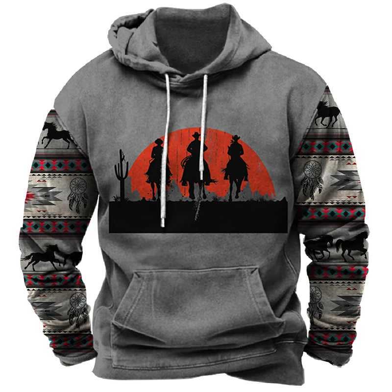 Herren Hoodies Sweatshirts Western Cowboy Herren Outdoor Hoodie Harajuku Kapuze Sweatshirt Frühling Herbst Vintage Casual Pullover Y2K Tops Unisex Streetwear 240424