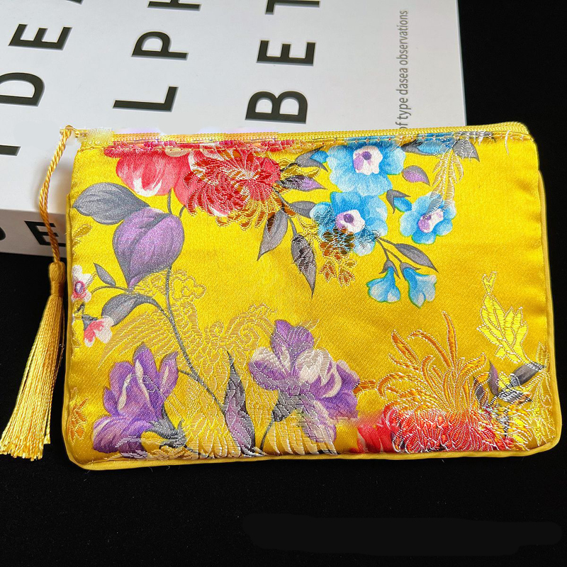 Coin Purses Chineses Silk Floral Printing Square Jewel Case Lining With Tassel Mix Color