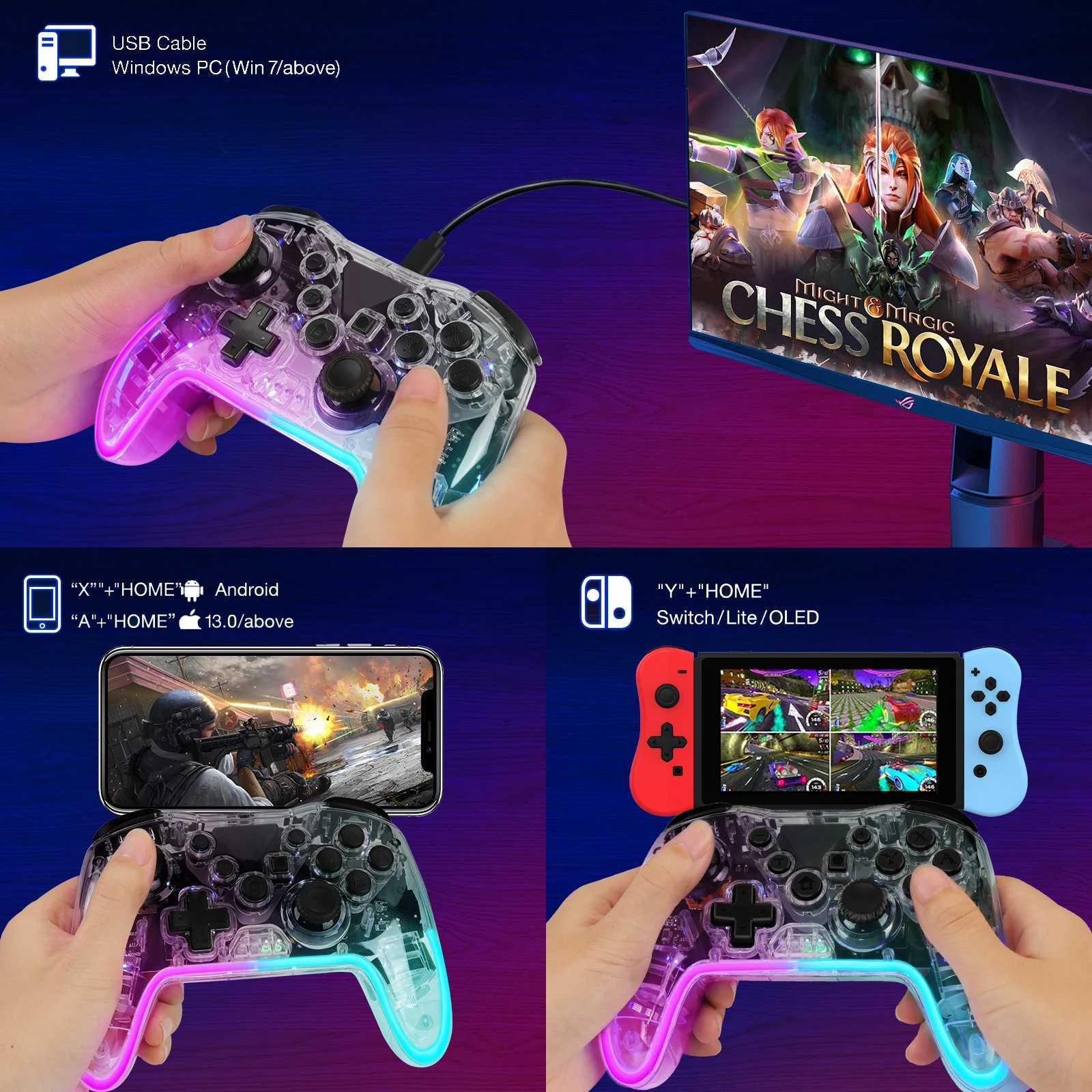 Игровые контроллеры джойстики беспроводной BT RGB GamePad для Switch TV Console Console ПК Прозрачный контроллер с функцией Wake Up D240424